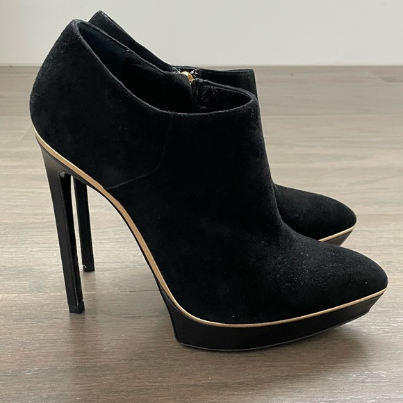 Saint Laurent black suede platform bootie with gold trim, size 35.5 - Picture 3 of 8